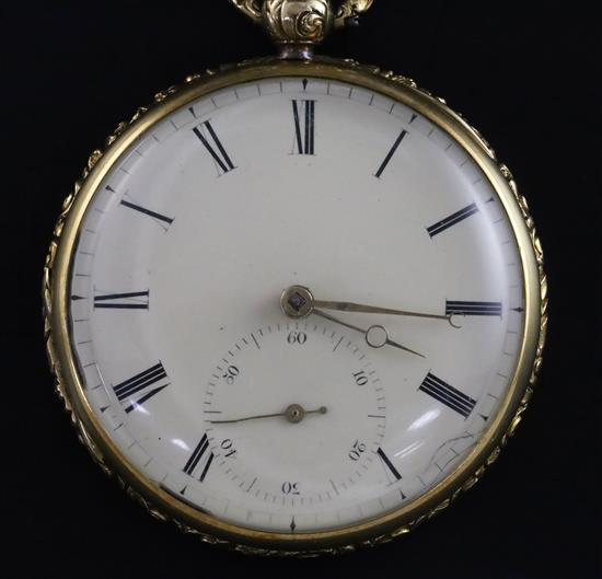 A 19th century 18ct gold keywind detached lever open face pocket watch, on albert with pencil.